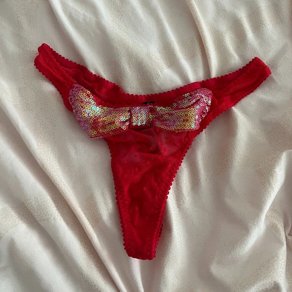 Victoria's Secret red sequin shimmer bow mesh thong panties underwear size small - Picture 2 of 9
